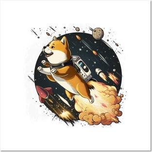 shiba inu flying into space with a rocket Posters and Art